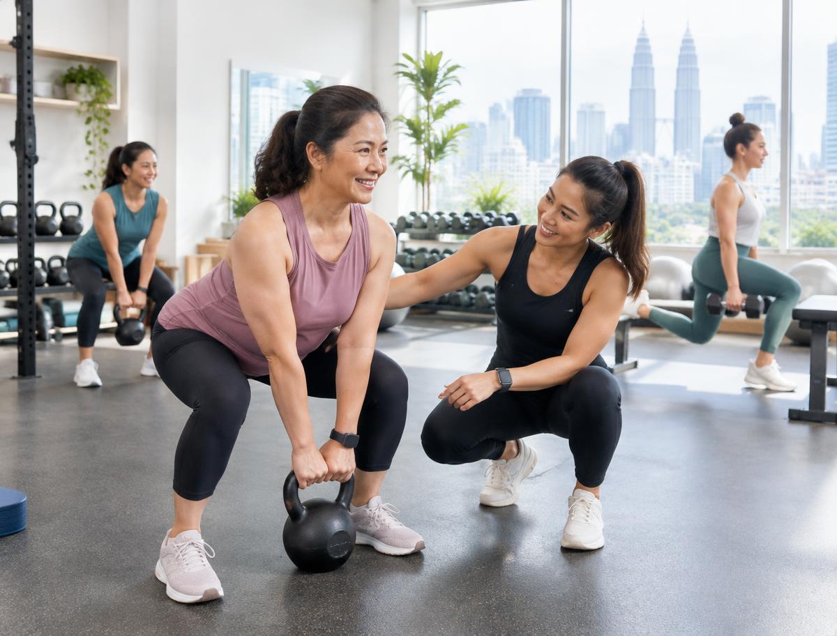 A coach guiding a woman through a kettlebell exercise